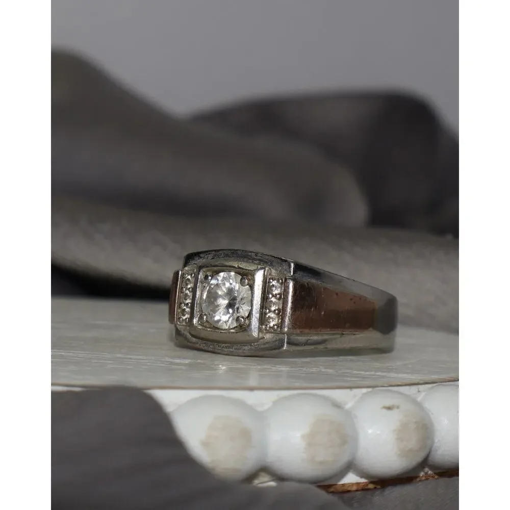 Sterling Silver & 14k Gold Plated Cz Men’s Ring 9.8G / Sz 11